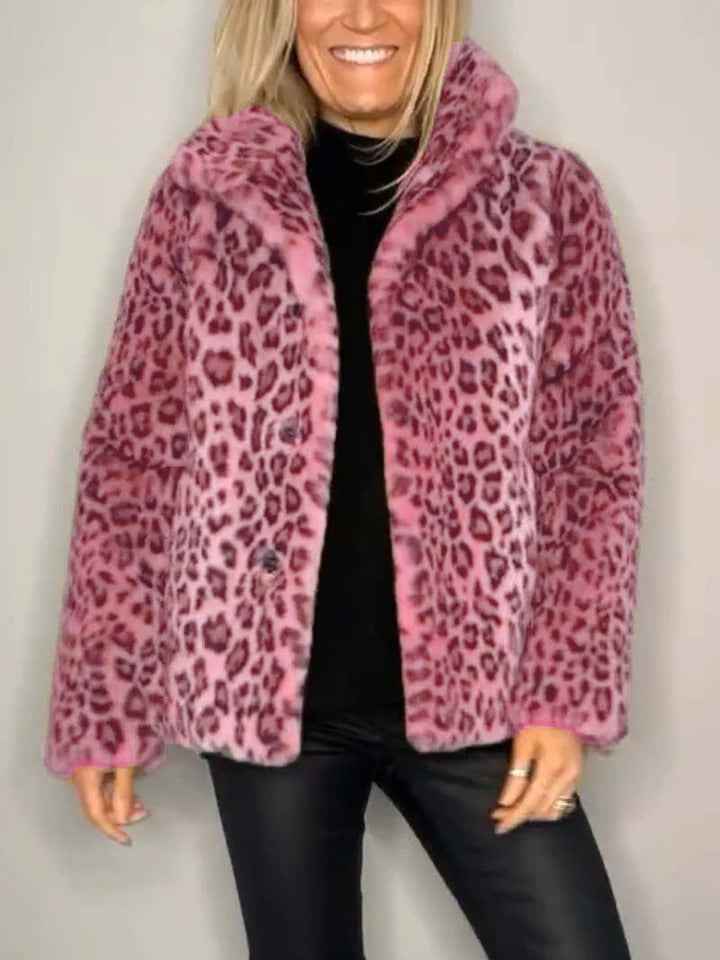 Women's Oversized Leopard Print Faux Fur Coat with Notched Collar Short Pink