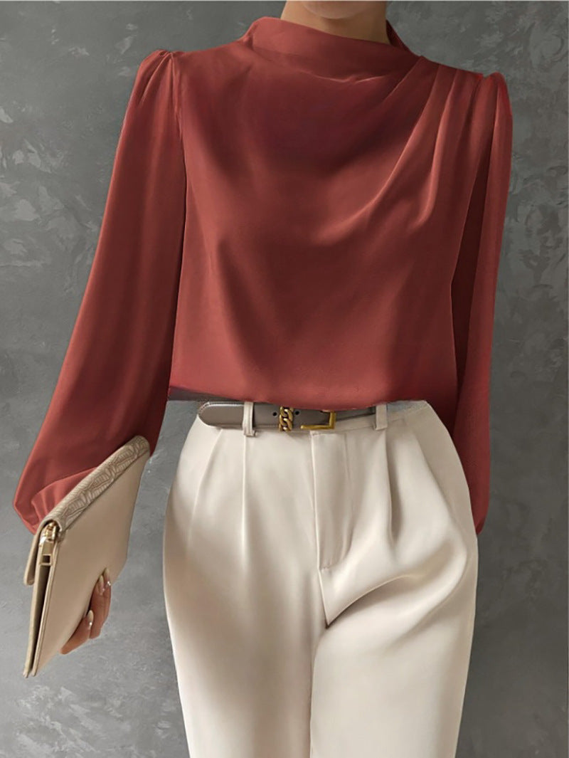 Women's Elegant Relaxed Fit Long Sleeve Blouse Coral