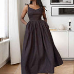 Women's A-line Midi Dress with V-neck, Open Back, Adjustable Straps, and Side Split Dark Purple