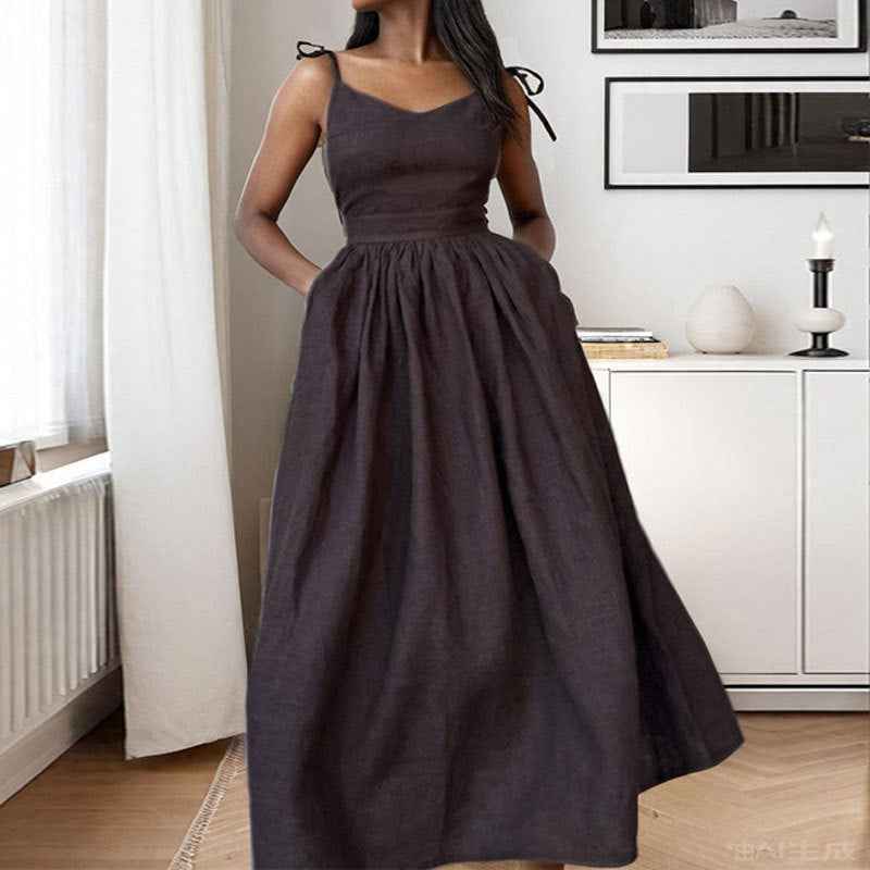 Women's A-line Midi Dress with V-neck, Open Back, Adjustable Straps, and Side Split Dark Purple