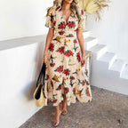 Women's Bohemian Floral Midi Dress – Chiffon, V-Neck, Short Sleeves Orange