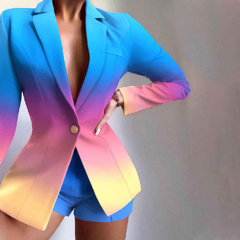 Women's Tailored Satin Look Blazer and Leopard Print Shorts Set Blue