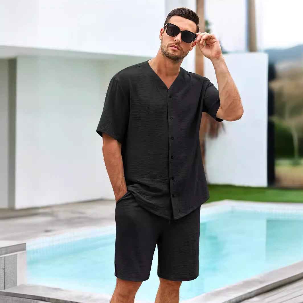 Men's V-Neck Shirt and Shorts Set – Button Closure – Relaxed Fit – Breathable Fabric
