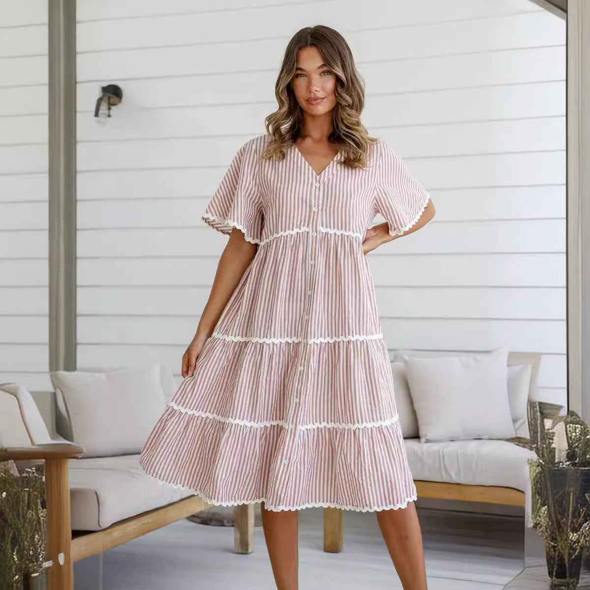 Women's V-Neck Loose Fit Cotton Dress with Button Closure and Lace Details
