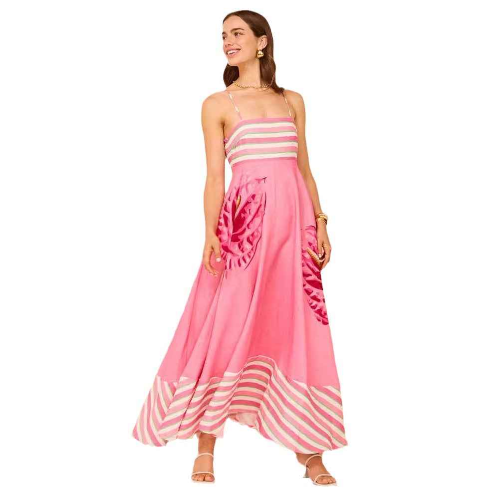 Women's A-Line Midi Dress with Smocked Bodice and Spaghetti Straps – Lightweight Cotton