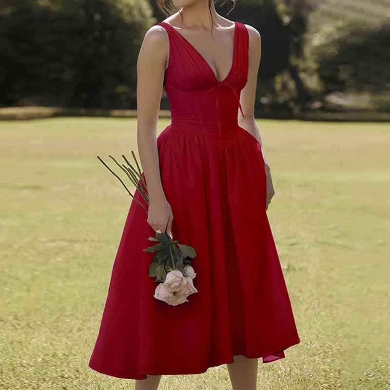 Women's A-Line Midi Dress with V-Neck and Spaghetti Straps – Floral Print Cotton Look