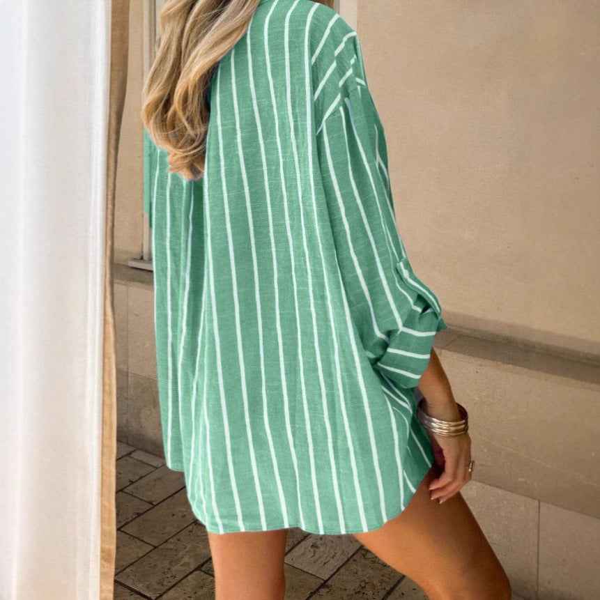 Women's Oversized Long Sleeve Shirt – Breathable Striped Design