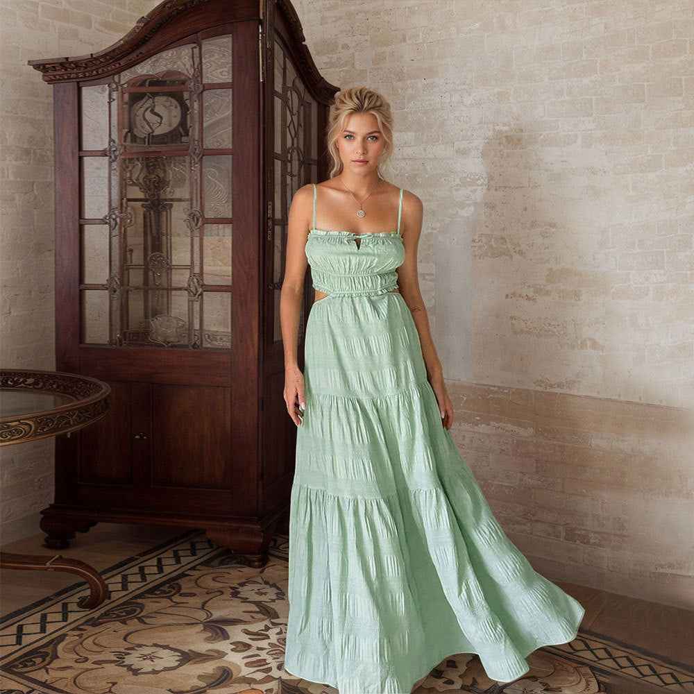 Women's Relaxed Fit Maxi Dress – Ruched Top & Layered Skirt – Breathable Style Light Green