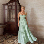 Women's Relaxed Fit Maxi Dress – Ruched Top & Layered Skirt – Breathable Style Light Green