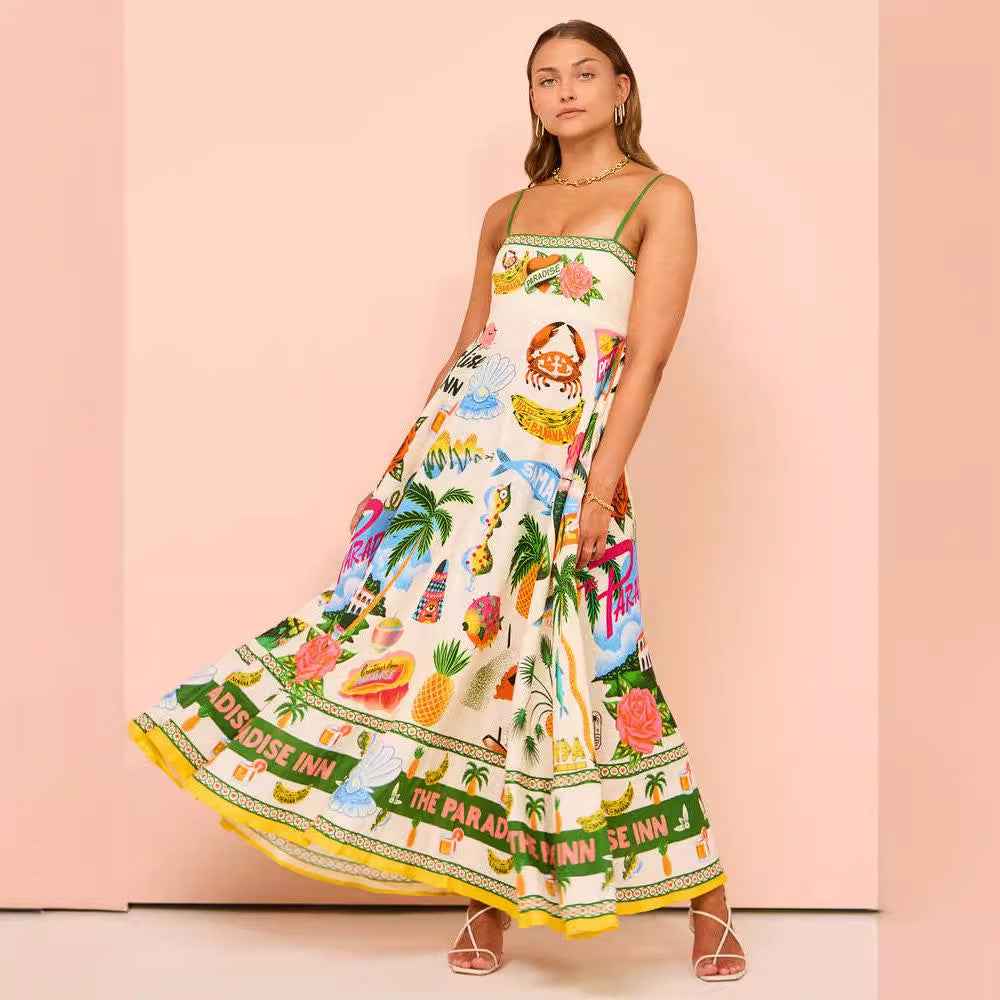 Women's A-Line Midi Dress with Smocked Bodice and Spaghetti Straps – Lightweight Cotton