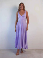 Women's Satin Midi Dress - V-Neck, Ruched Top, Spaghetti Straps, Pleated Skirt Purple