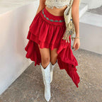 Women's Asymmetrical Skirt with Ruffles – Flared Fit – Light Boho Style Red