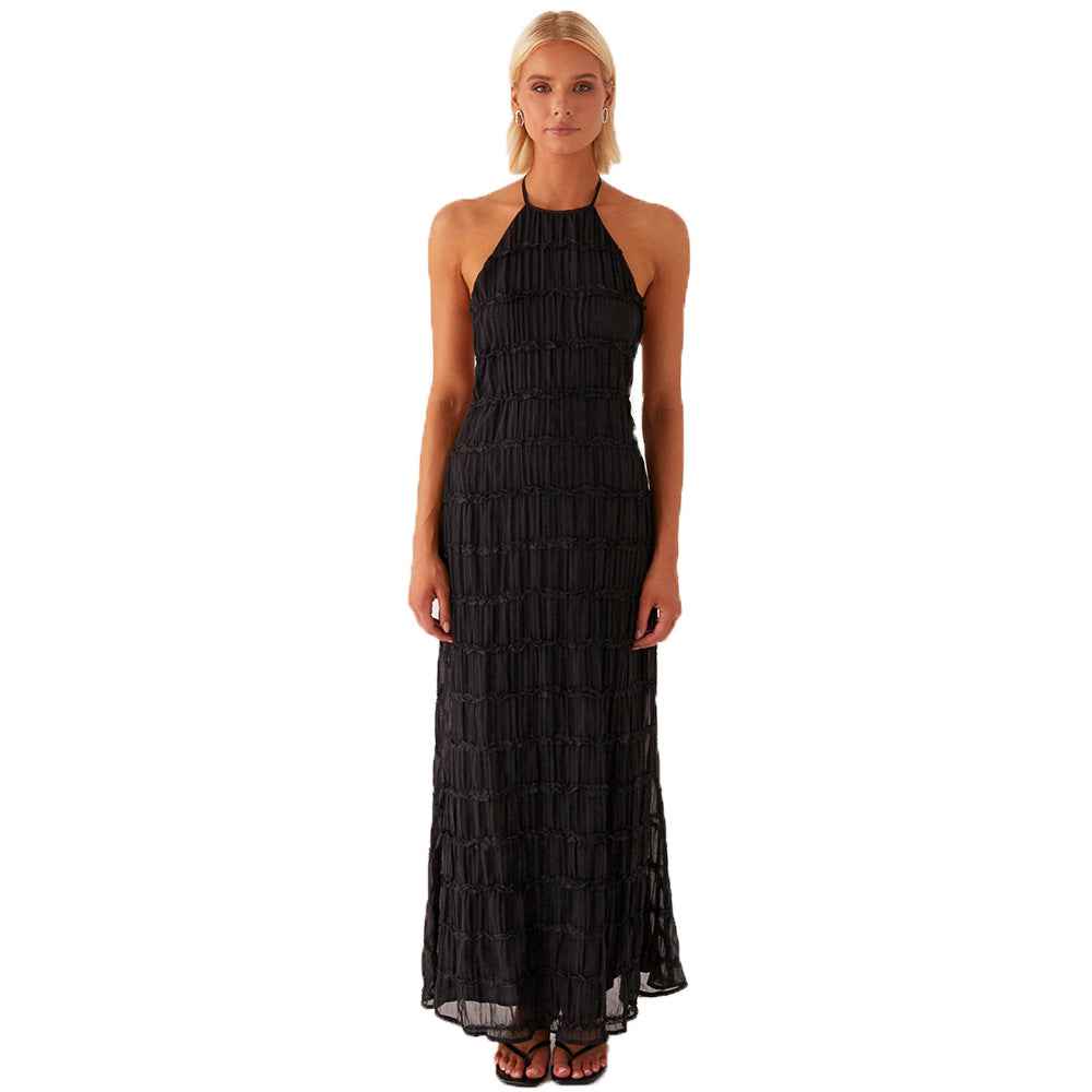 Women's Ruffled Halter Neck Maxi Dress – Figure-Hugging Open Back Eveningwear