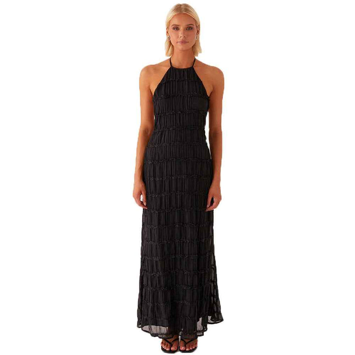 Women's Ruffled Halter Neck Maxi Dress – Figure-Hugging Open Back Eveningwear