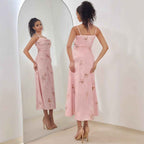 Women's A-Line Midi Dress – Satin Finish – Strappy Floral Design