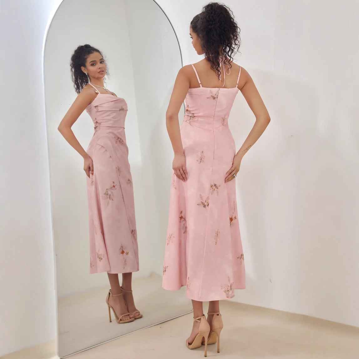 Women's A-Line Midi Dress – Satin Finish – Strappy Floral Design