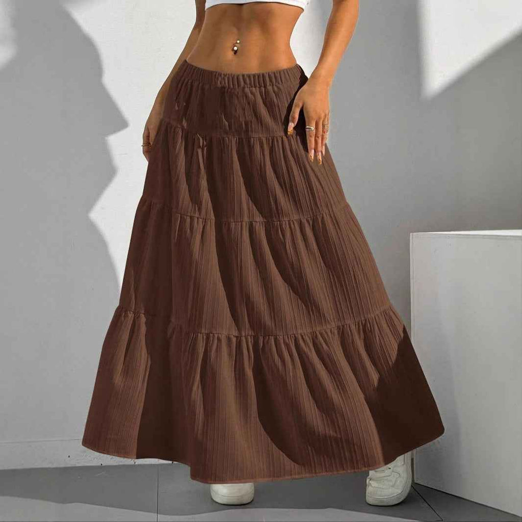 Women's A-line Maxi Skirt with Layered Ruffles and Drawstring Waist