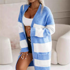 Women's Oversized Striped Knitted Cardigan – Long Open Front Style Blue