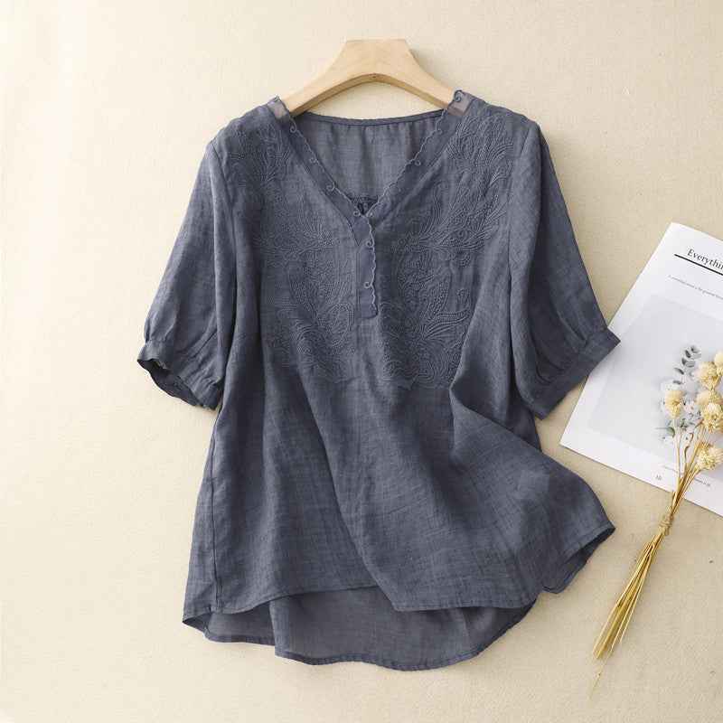 Women's Loose Fit V-Neck Blouse – Short Sleeves – Embroidered – Breathable Fabric Gherkin