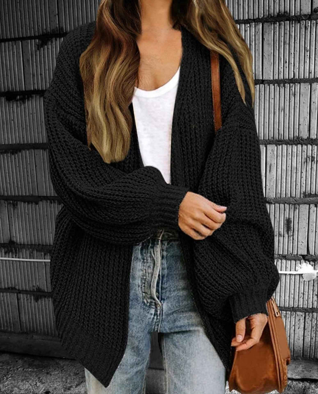 Women's Oversized Chunky Knit Cardigan – Open Front Long Layered Style Black