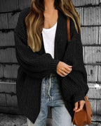 Women's Oversized Chunky Knit Cardigan – Open Front Long Layered Style Black