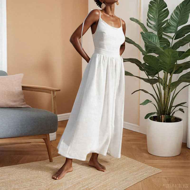 Women's A-line Midi Dress with V-neck, Open Back, Adjustable Straps, and Side Split White