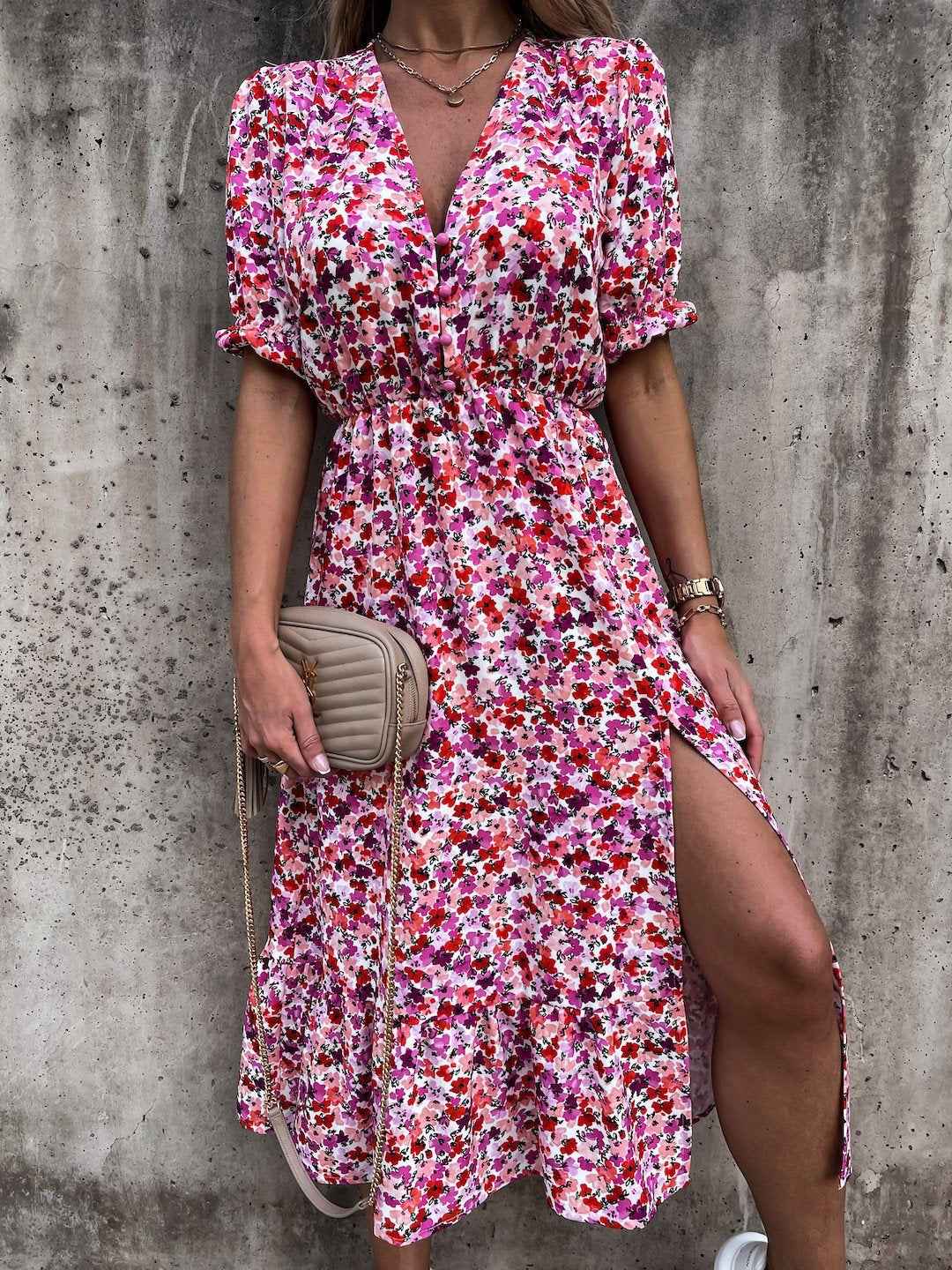 Women's Floral Print Maxi Dress - Relaxed Fit, High Waist, V-Neck, Side Split