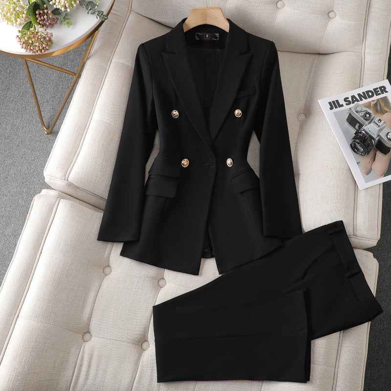Women's Elegant Double-Breasted Blazer and Straight Trouser Suit Black