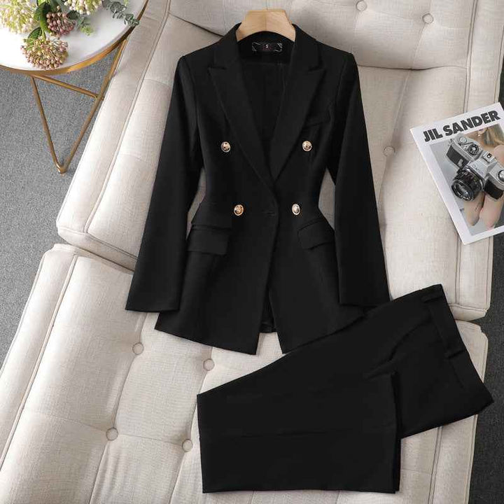 Women's Elegant Double-Breasted Blazer and Straight Trouser Suit Black