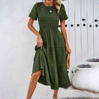 Women's Breathable Midi Dress with Smocked Bodice, Layered Skirt, and Ruffled Sleeves Army Green