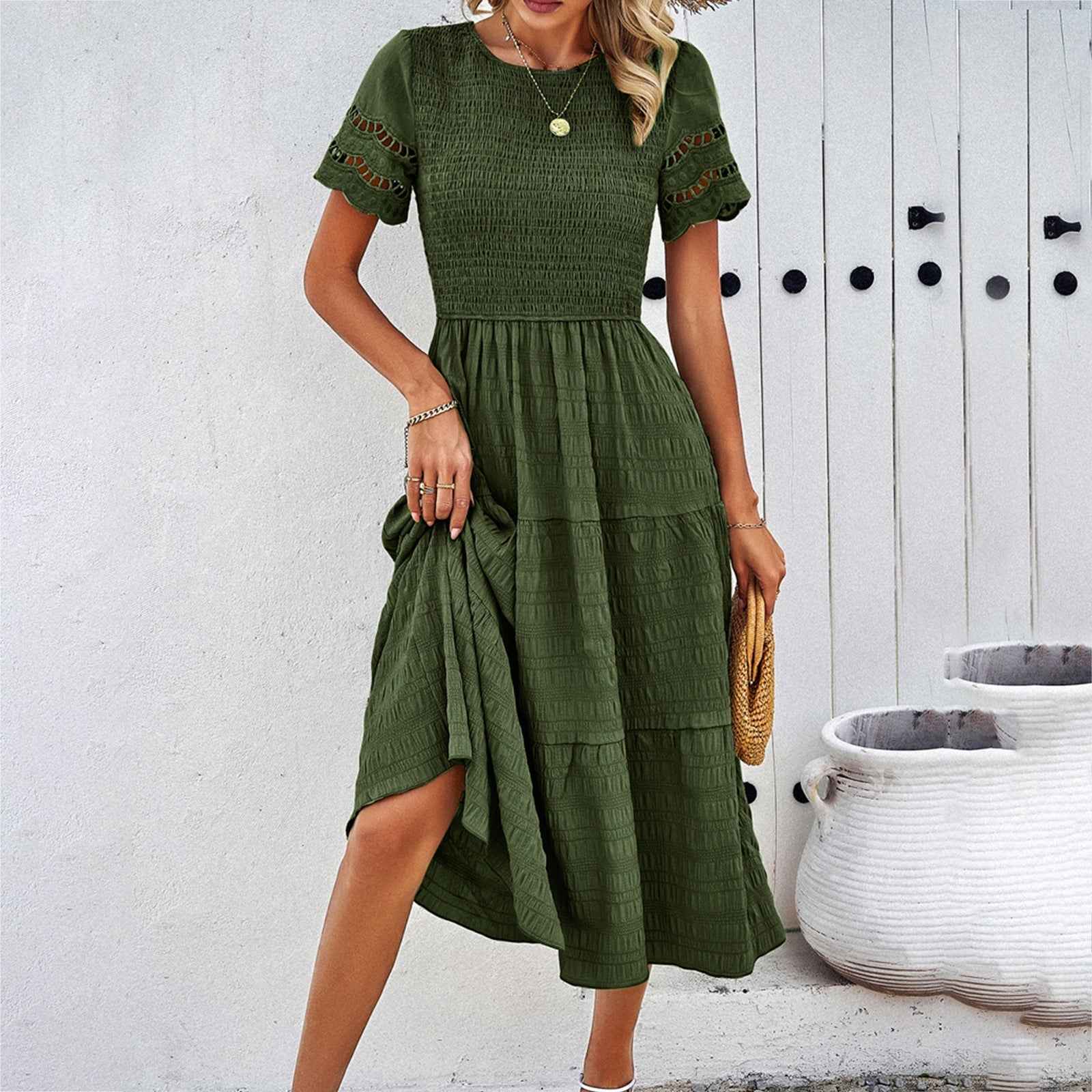 Women's Breathable Midi Dress with Smocked Bodice, Layered Skirt, and Ruffled Sleeves Army Green