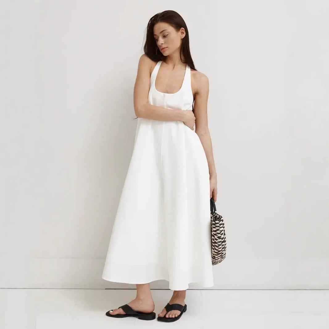 Women's A-Line Midi Dress – Halter Neck – Sleeveless – Lightweight Luxury Fabric