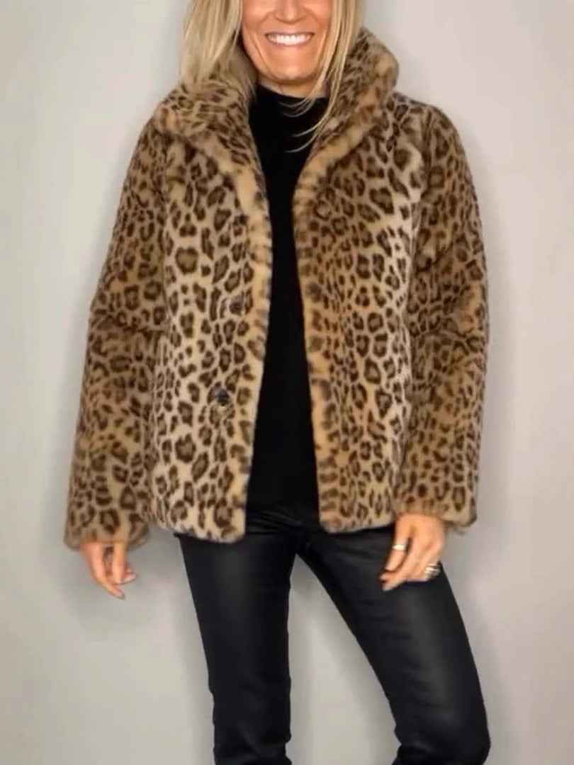 Women's Oversized Leopard Print Faux Fur Coat with Notched Collar Short Light Brown
