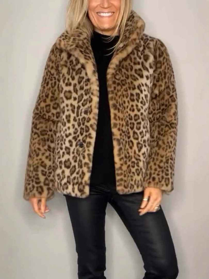 Women's Oversized Leopard Print Faux Fur Coat with Notched Collar Short Light Brown