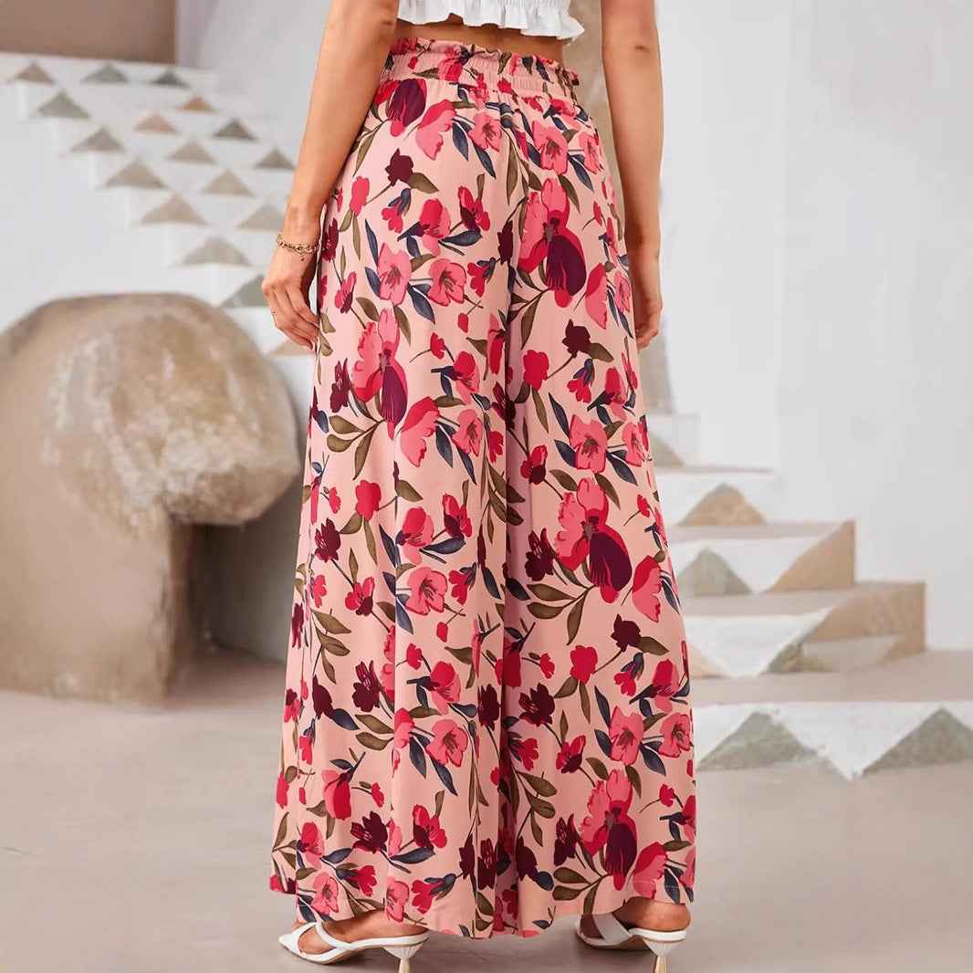 Women's Floral Print Wide Leg Chiffon Pants – High Waist with Drawstring – Full Length