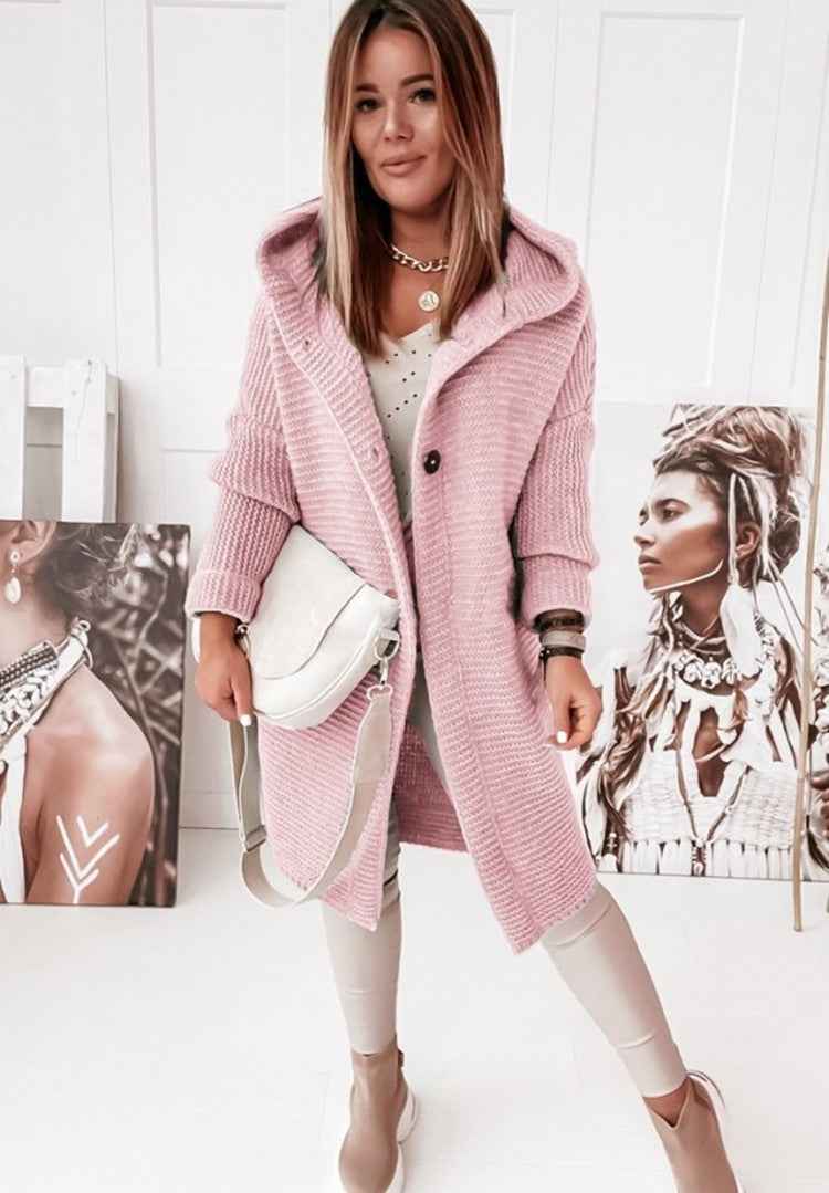 Women's Oversized Hooded Knitted Cardigan – Longline Button-Front Pink