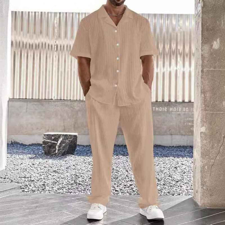 Men's Casual Short Sleeve Shirt & Straight Pants Set – Breathable Comfort Khaki