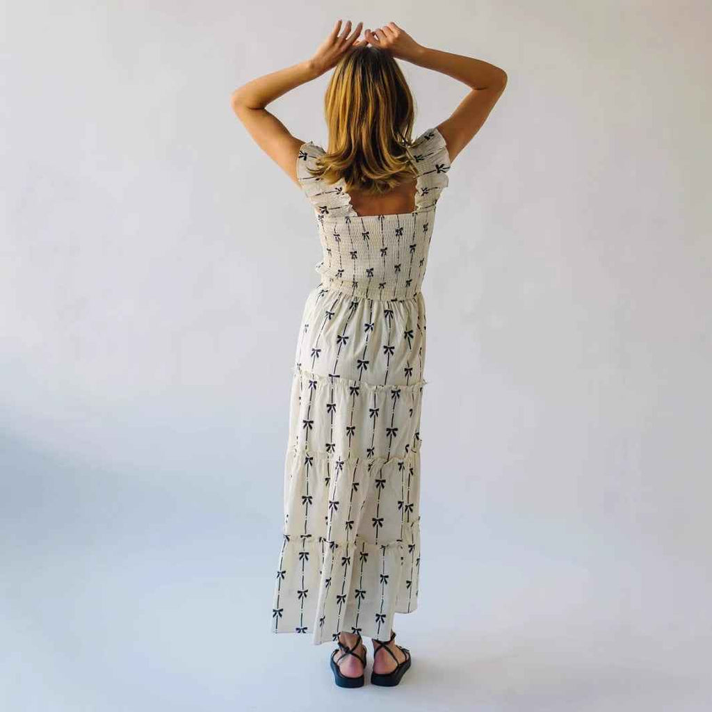 Women's A-Line Maxi Dress - Smocked Bodice, Ruffled Straps, Breathable Cotton