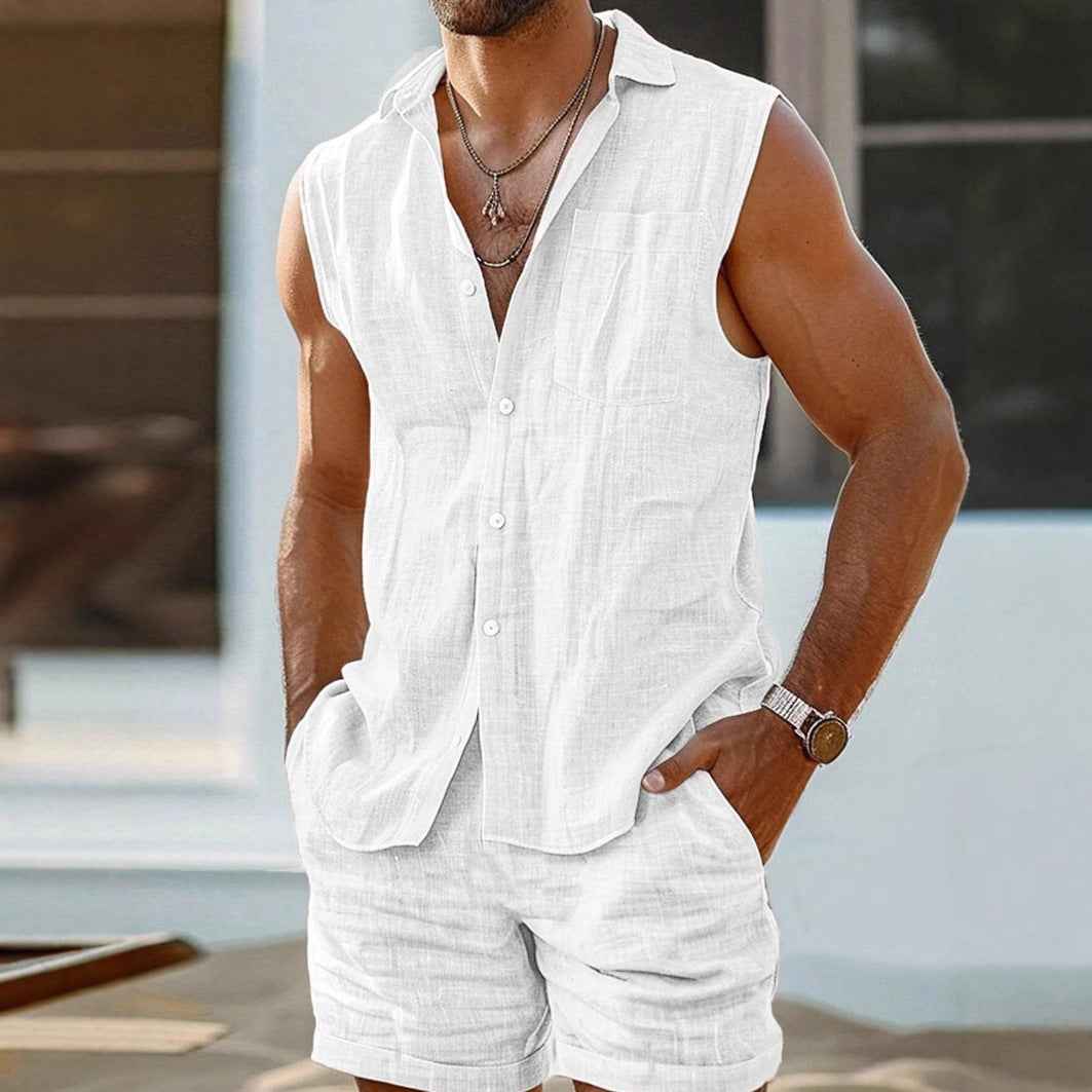 Men's Sleeveless Set – Loose Fit – Breathable Casual Fabric – Button Closure White