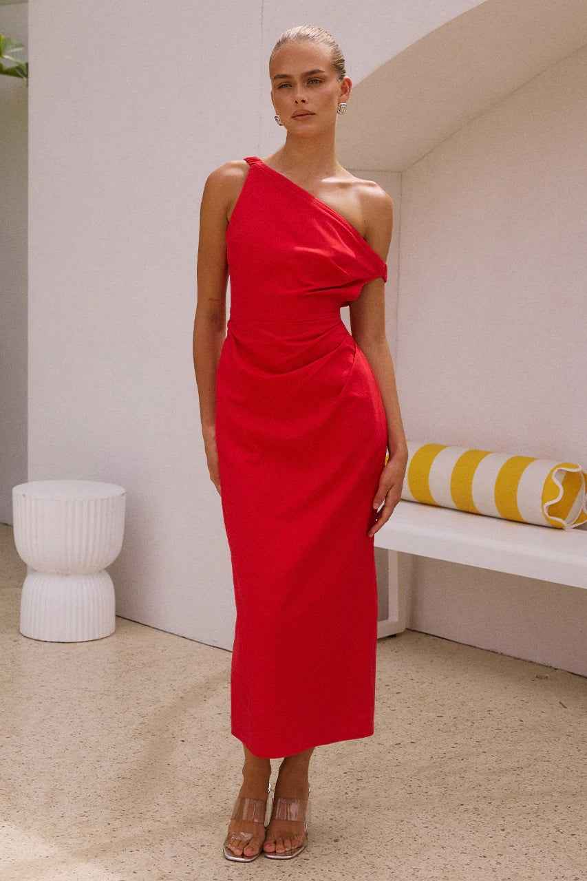 Women's Elegant One-Shoulder Midi Dress – Slim Fit with Draped Top Red