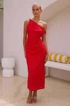 Women's Elegant One-Shoulder Midi Dress – Slim Fit with Draped Top Red