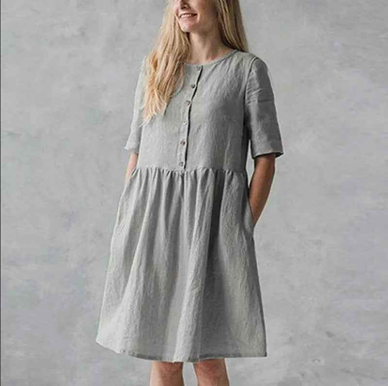 Women's Relaxed Fit Midi Dress – Breathable Fabric, Button Closure & Pockets