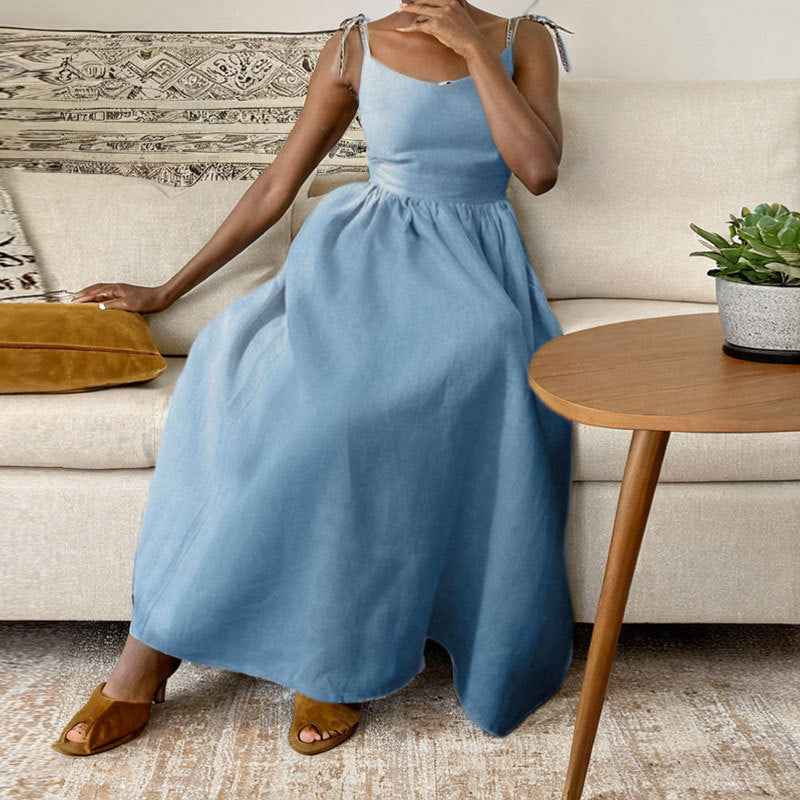 Women's A-line Midi Dress with V-neck, Open Back, Adjustable Straps, and Side Split Sky Blue