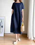 Women's Casual Midi Dress – Loose Fit – Breathable Fabric – Short Sleeve