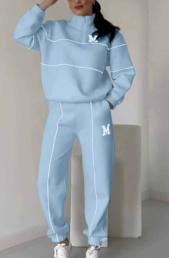 Women's Relaxed Fit Tracksuit – Cotton Blend Half-Zip Top & Elastic Joggers Light Blue