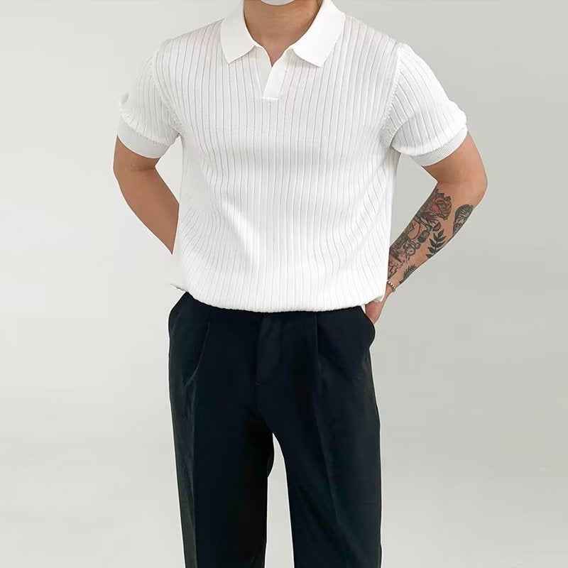 Men's Ribbed Polo Shirt – Standard Fit – Short Sleeve – Soft Stretch Knit White
