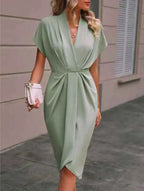 Women's Elegant V-Neck Wrap Dress – Tailored Fit with Short Sleeves Light Green