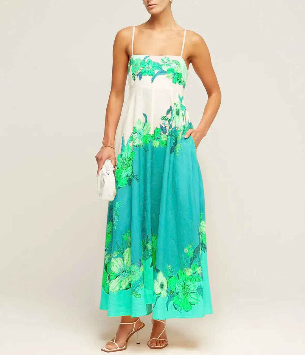 Women's A-Line Midi Dress with Smocked Bodice and Spaghetti Straps – Lightweight Cotton Cyan