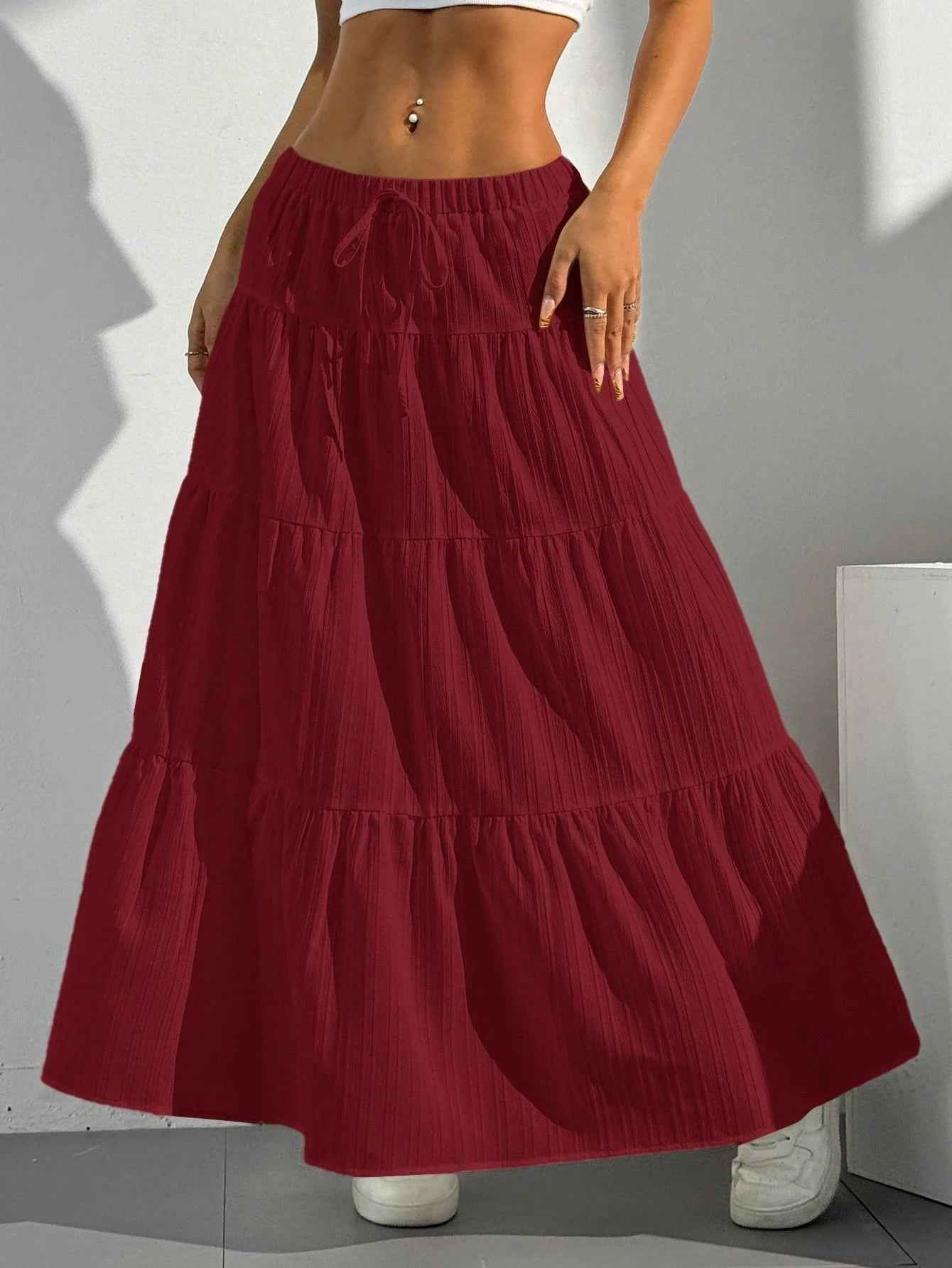 Women's A-line Maxi Skirt with Layered Ruffles and Drawstring Waist