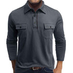 Men's Long Sleeve Polo Shirt – Regular Fit – Cotton Blend – Double Chest Pockets Grey